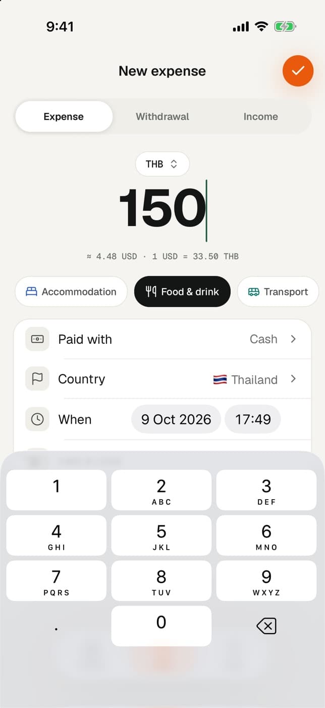 Add expense screen with a 150 THB amount and its USD conversion