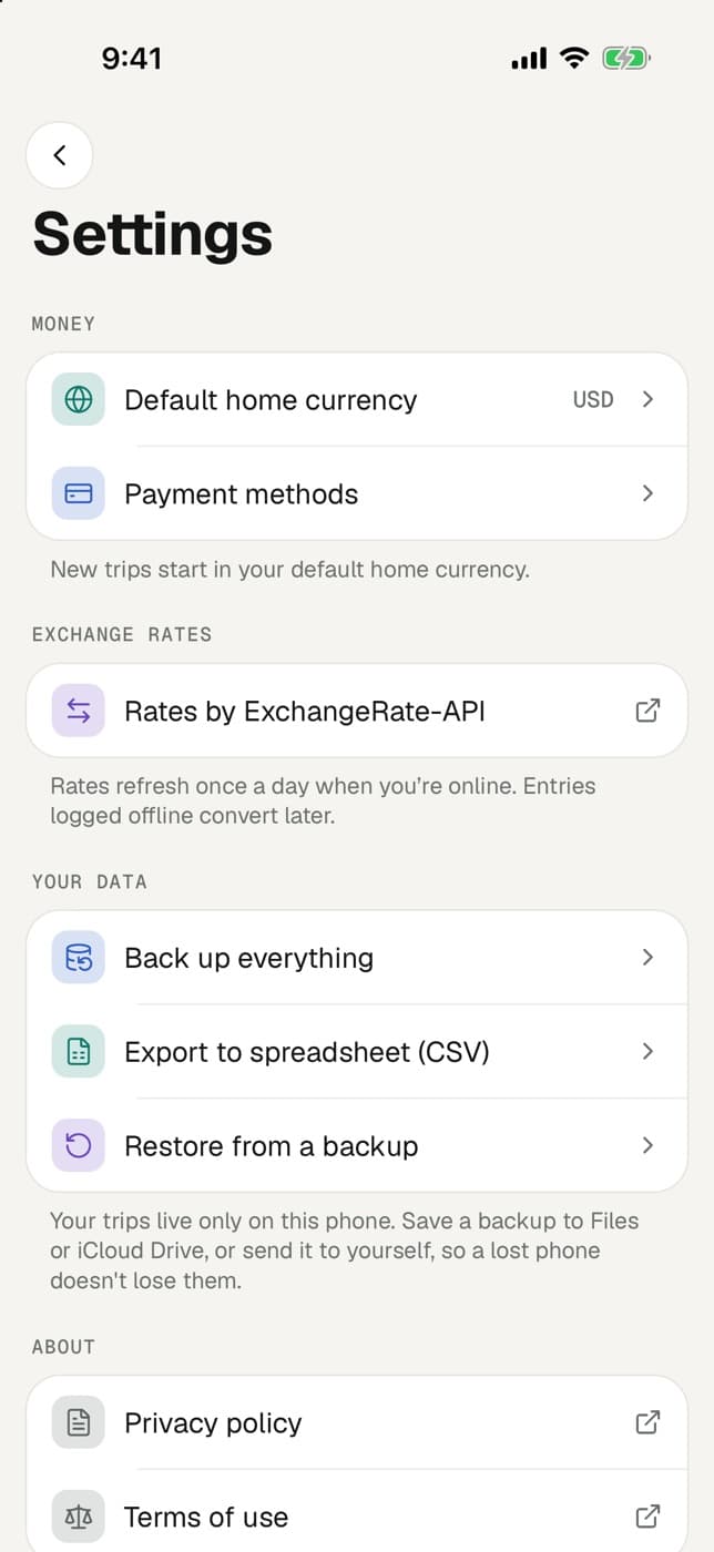 Settings screen with backup, export and restore options